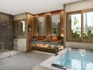 Luxurious spacious bathroom with large bathtub and modern design