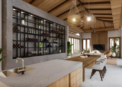 Modern kitchen with wine rack, granite countertops, and wooden ceiling