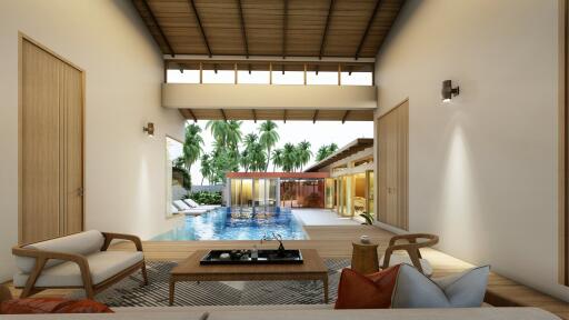 Spacious and modern indoor living area with a view of the pool and lush garden