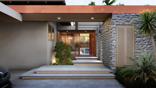 Modern home entrance with stone walls and water feature