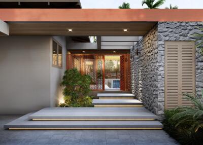 Modern home entrance with stone walls and water feature
