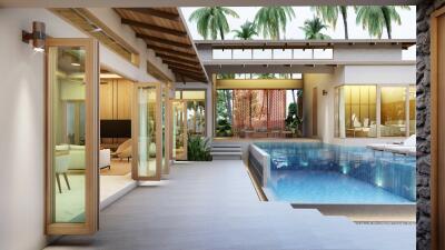 Luxurious outdoor living space featuring a pool and elegant wooden accents