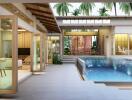 Luxurious outdoor living space featuring a pool and elegant wooden accents