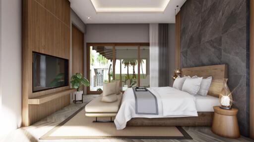 Modern bedroom with open living space leading to bright glass doors displaying lush greenery