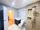 Modern bathroom with blue tiles and shower