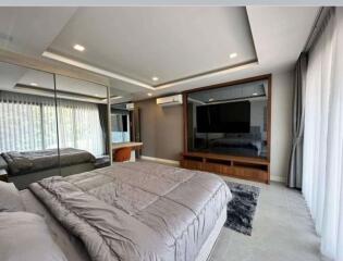 Spacious modern bedroom with large bed and contemporary decor