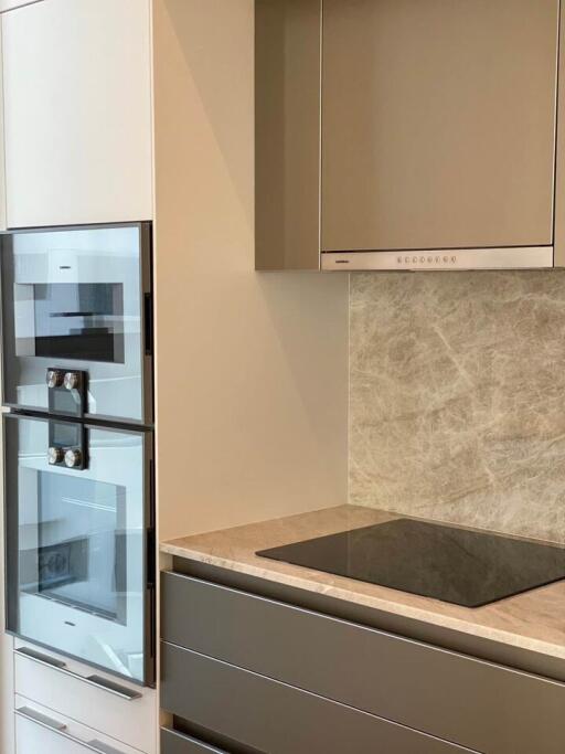 Modern kitchen with built-in appliances and marble backsplash