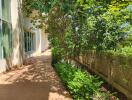 Tranquil garden pathway next to a building with lush green plants