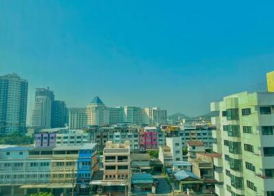 Cityscape view from apartment window