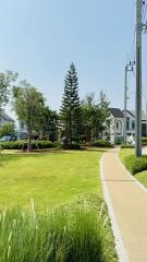 Lush green residential garden with pathway