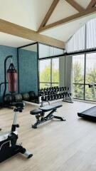 Modern home gym with large windows and wooden beams