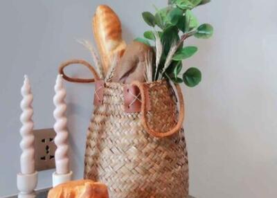 Stylish kitchen counter with decorative items and fresh bread