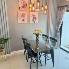 Elegant dining room with modern decor and artistic elements