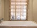 Modern bathroom with large window and wooden blinds
