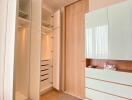Modern bedroom with elegant wooden wardrobe and stylish design