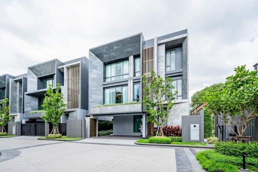 Modern urban townhouses with lush landscaping and contemporary design