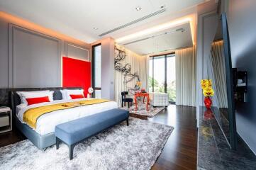Luxurious modern bedroom with vibrant color scheme and natural lighting