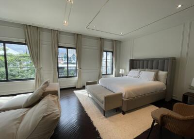 Spacious bedroom with large windows and modern decor