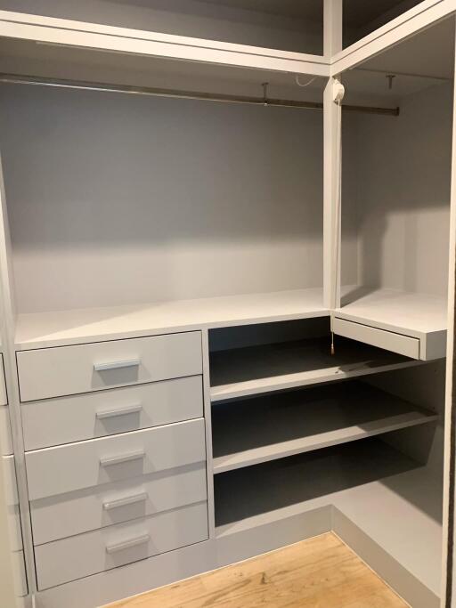 Spacious closet with built-in shelves and drawers