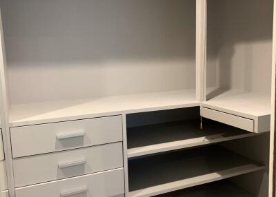 Spacious closet with built-in shelves and drawers
