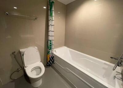Spacious modern bathroom with bath tub and toilet
