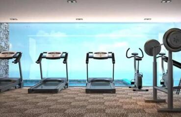 Modern residential gym with treadmills and exercise equipment overlooking an ocean view
