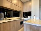 Modern kitchen with wooden cabinets and marble countertops