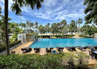 Luxurious pool area with lounge chairs and lush greenery