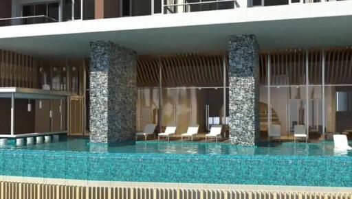 Luxurious poolside area with modern architecture and comfortable lounge chairs