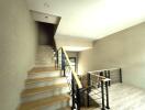 Modern staircase area with wooden steps and metal railing in a spacious home