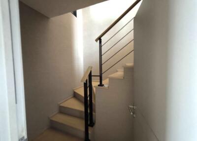 Modern staircase with a wooden railing and bright lighting