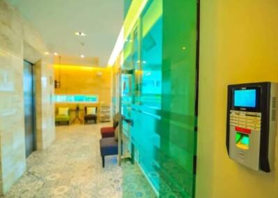 Modern lobby area with security access control and stylish interior