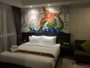 Elegantly decorated bedroom with cultural mural