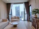 Modern bedroom with city view and elegant furnishings