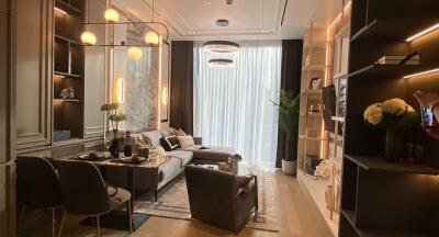 Elegant and modern living room interior with a cozy sofa, stylish furnishings, and ambient lighting