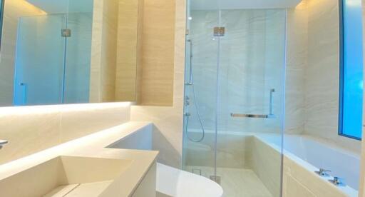 Modern bathroom with glass shower and sleek design