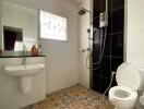 Bright and modern bathroom with tiled walls and floor