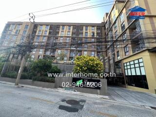 Exterior view of a modern apartment building with distinctive wooden fencing and flourishing yellow tree