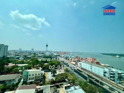 Panoramic city and river view from a high-rise building