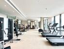 Modern gym with various exercise equipment and city views