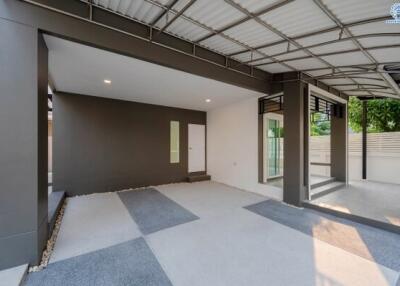 Spacious modern garage with integrated storage area