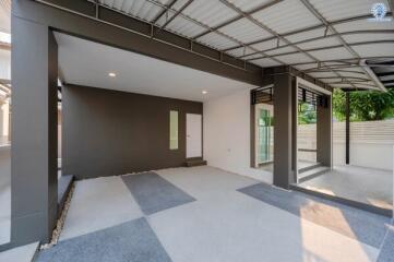 Spacious modern garage with integrated storage area