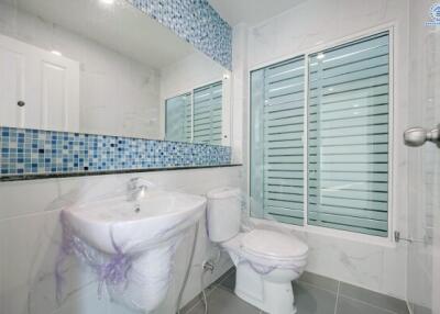 Modern bathroom with blue tile accents and shuttered windows
