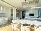Modern kitchen and dining area with city view