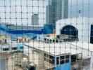 Urban landscape view through safety net