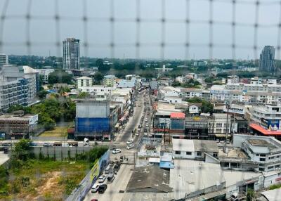 Aerial view of a busy urban street from a high-rise building