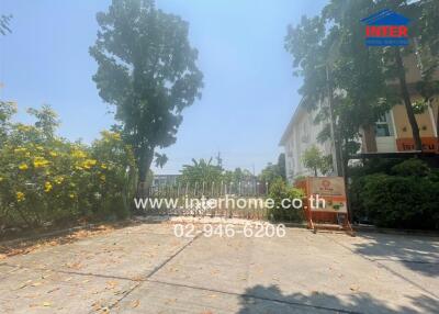 Spacious front yard of a residential property with trees and gated entrance