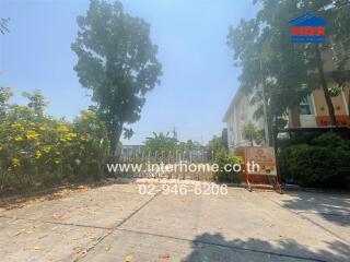 Spacious front yard of a residential property with trees and gated entrance