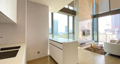 Modern living room with cityscape view