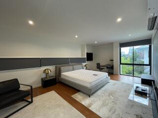 Spacious modern bedroom with large bed and stylish decor